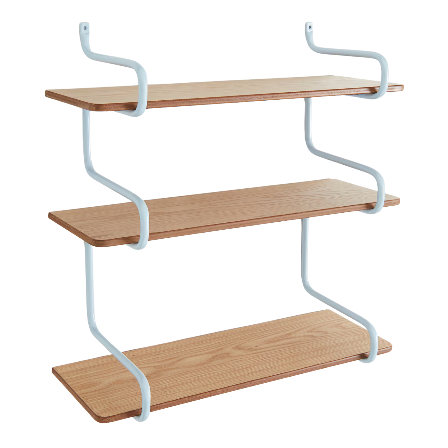 A wall shelf with wood panels and light blue metal wiring