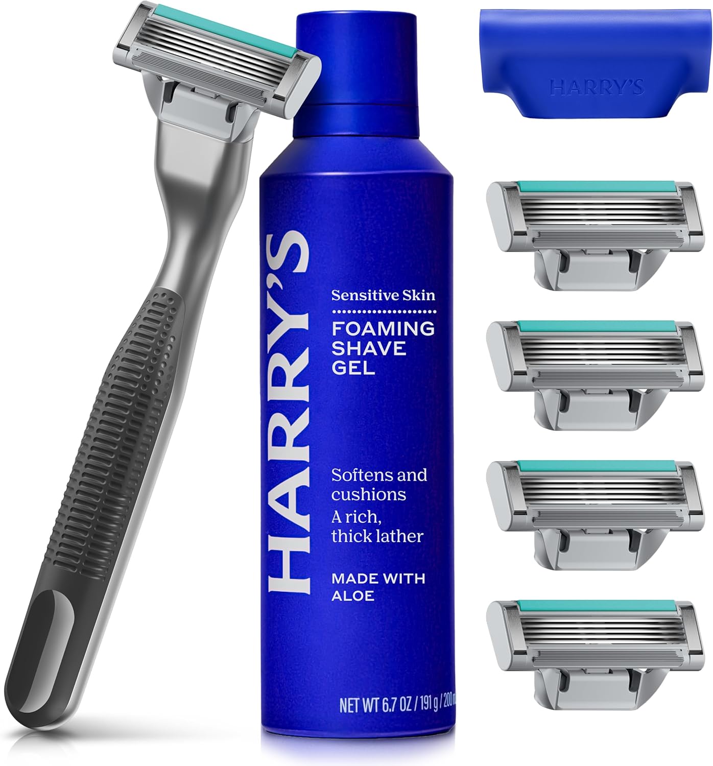 Harry&#039;s Plus Razor for Men - Starter Set (black) - 1 Handle With 5 Razor Refills, Foaming Shave Gel and Travel Blade Cover