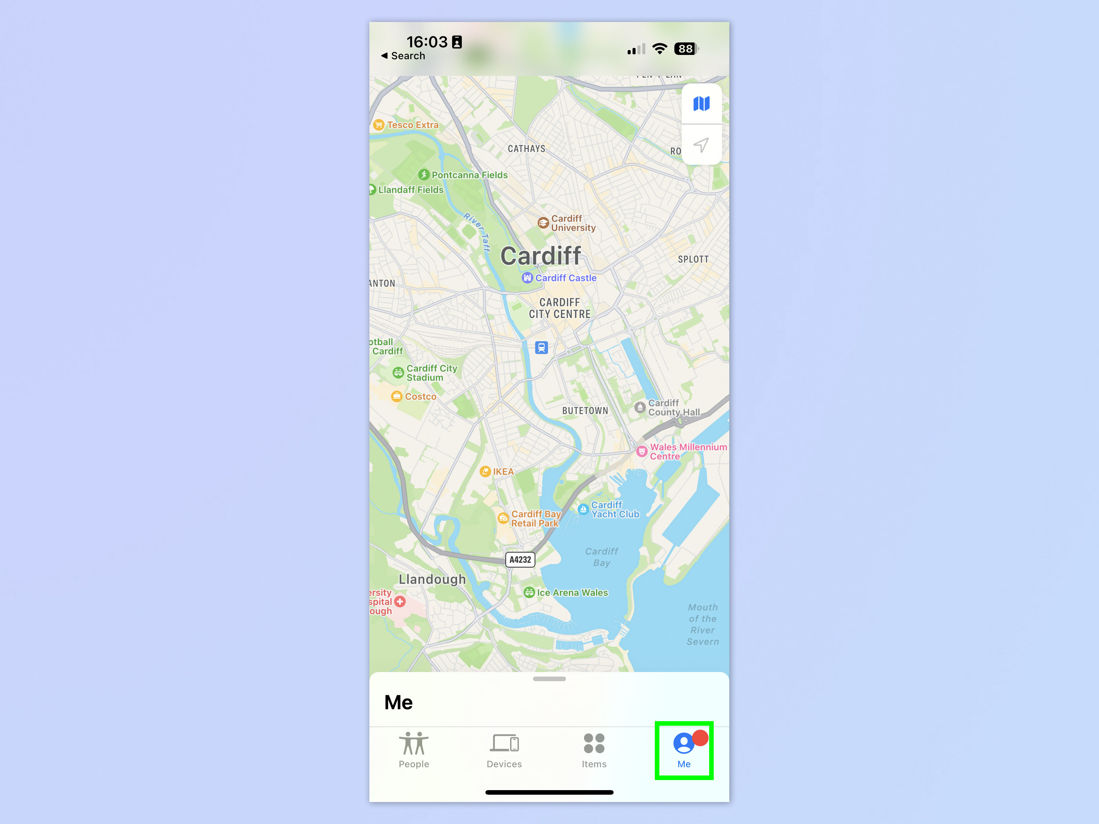 Una captura de pantalla que muestra cómo compartir la ubicación vía satélite en iPhone