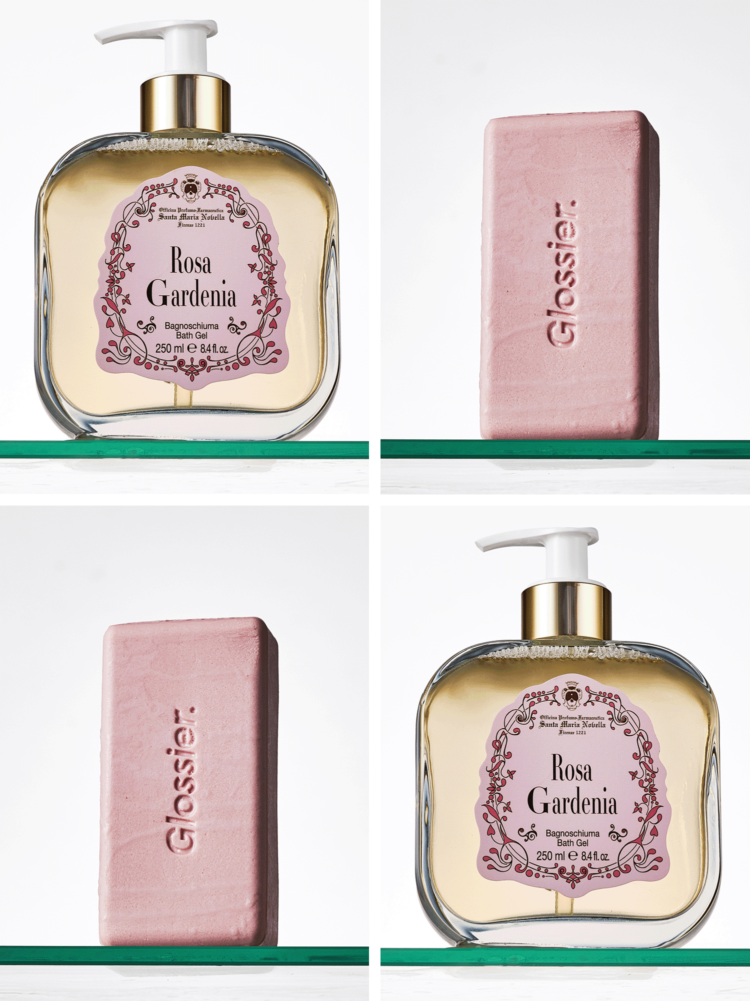 A gif of the Glossier soap and Santa Maria Novella bath gel on a shower shelf