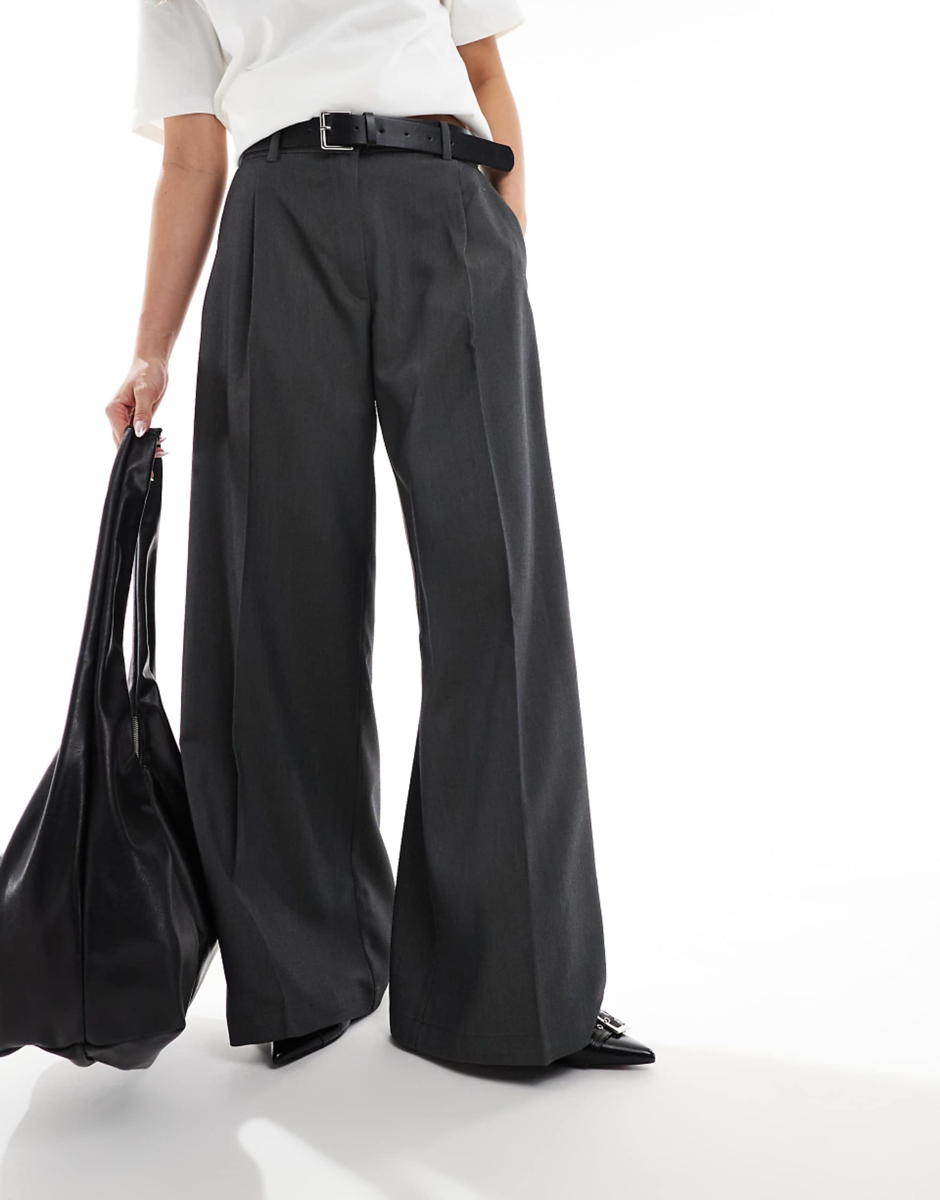 Monki High Waist Wide Leg Tailored Trousers in Dark Grey Melange