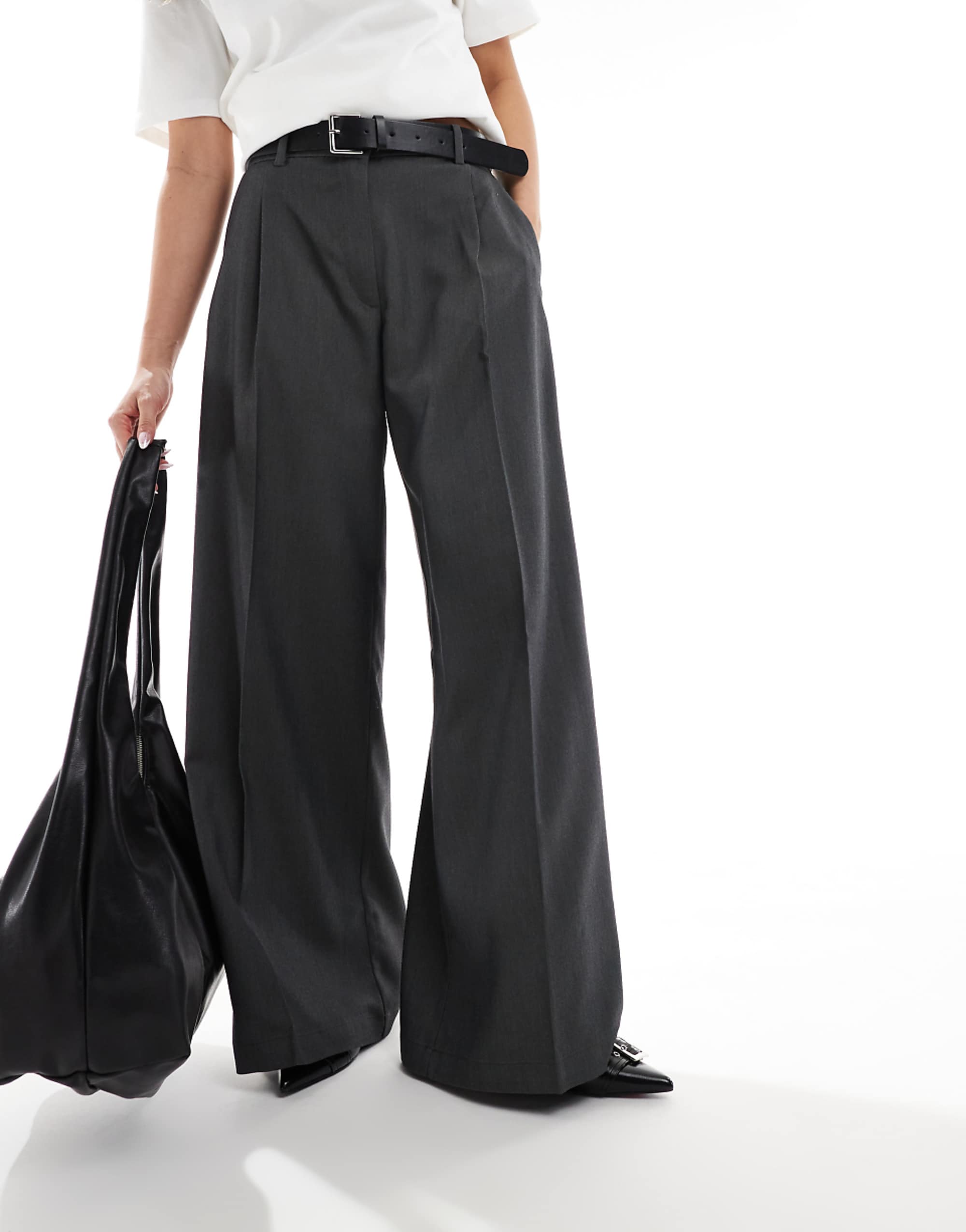 Monki High Waist Wide Leg Tailored Trousers in Dark Grey Melange