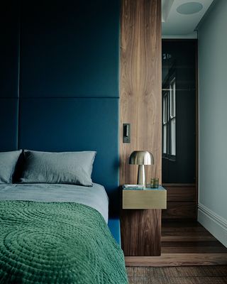 bedroom in green and blue colours