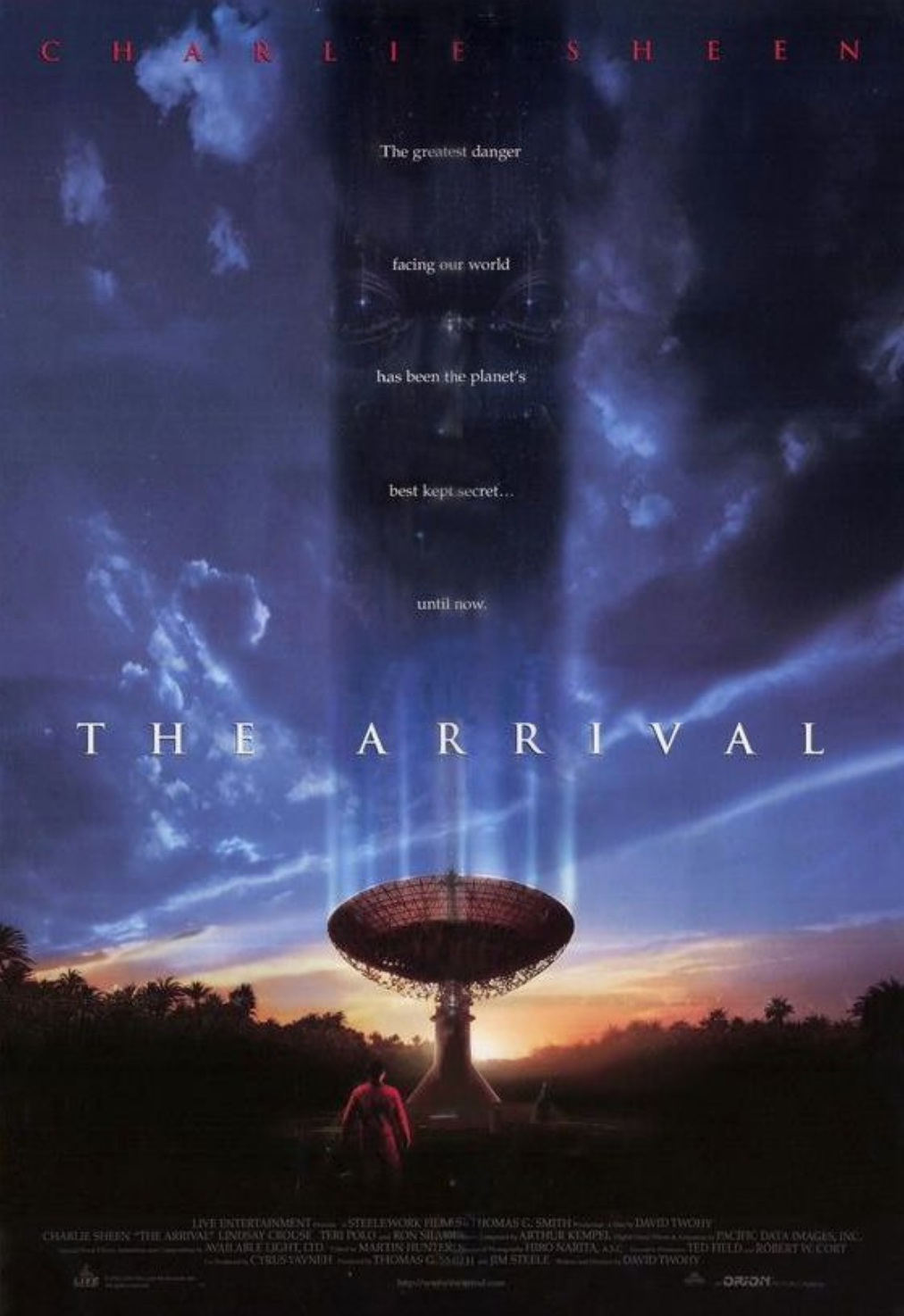 Cartaz de filme de ficção científica com radiotelescópio
