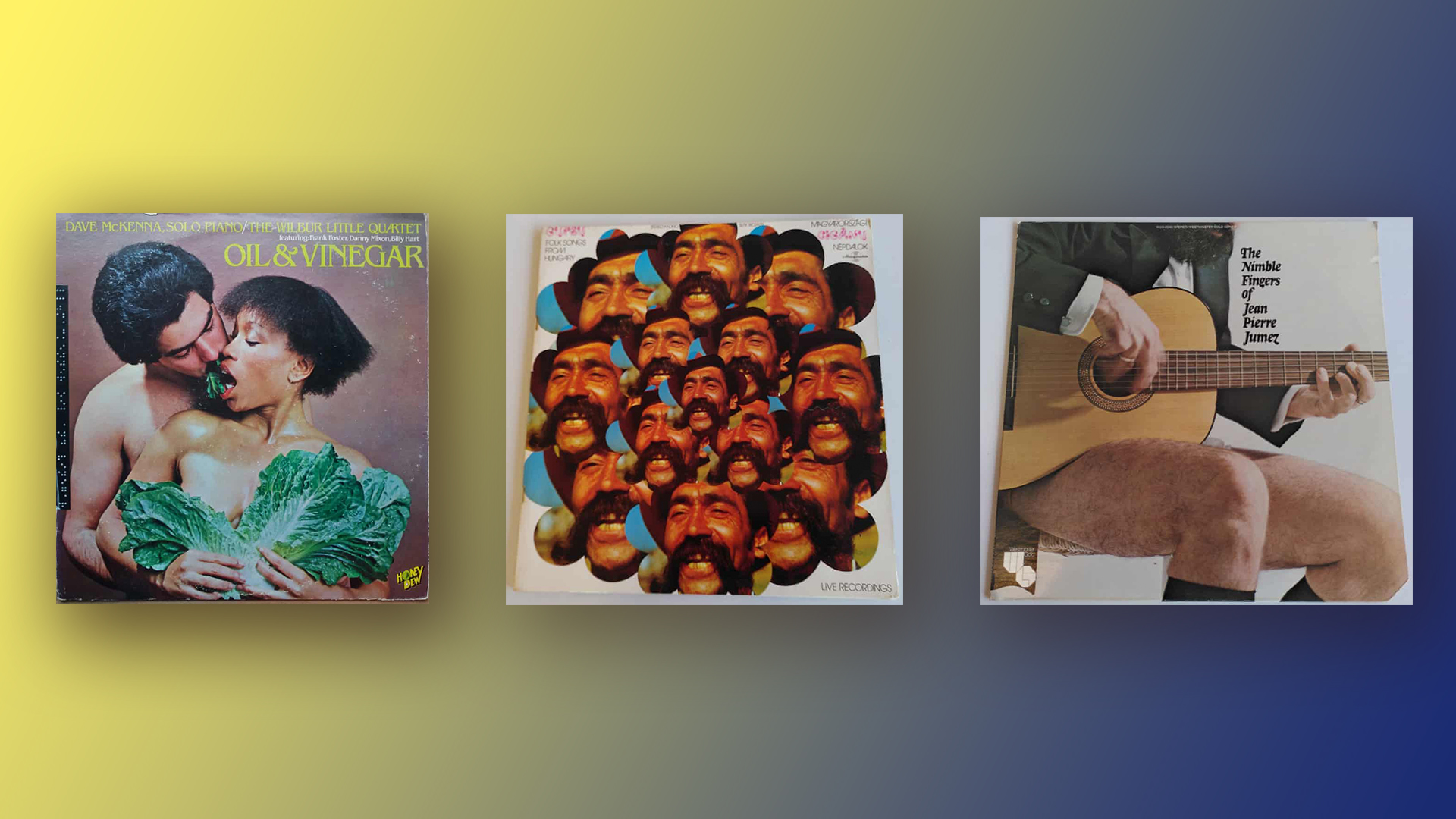 Three poorly designed album covers on a gradient background.
