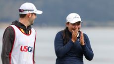 Allisen Corpuz and caddie Jay Monahan after her win at the 2023 US Women's Open