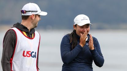 Allisen Corpuz and caddie Jay Monahan after her win at the 2023 US Women&#039;s Open