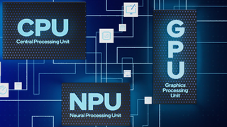Render of Intel's "AI PC" architecture, which involve a CPU, NPU, and GPU all built onto a single Intel Core Ultra CPU.
