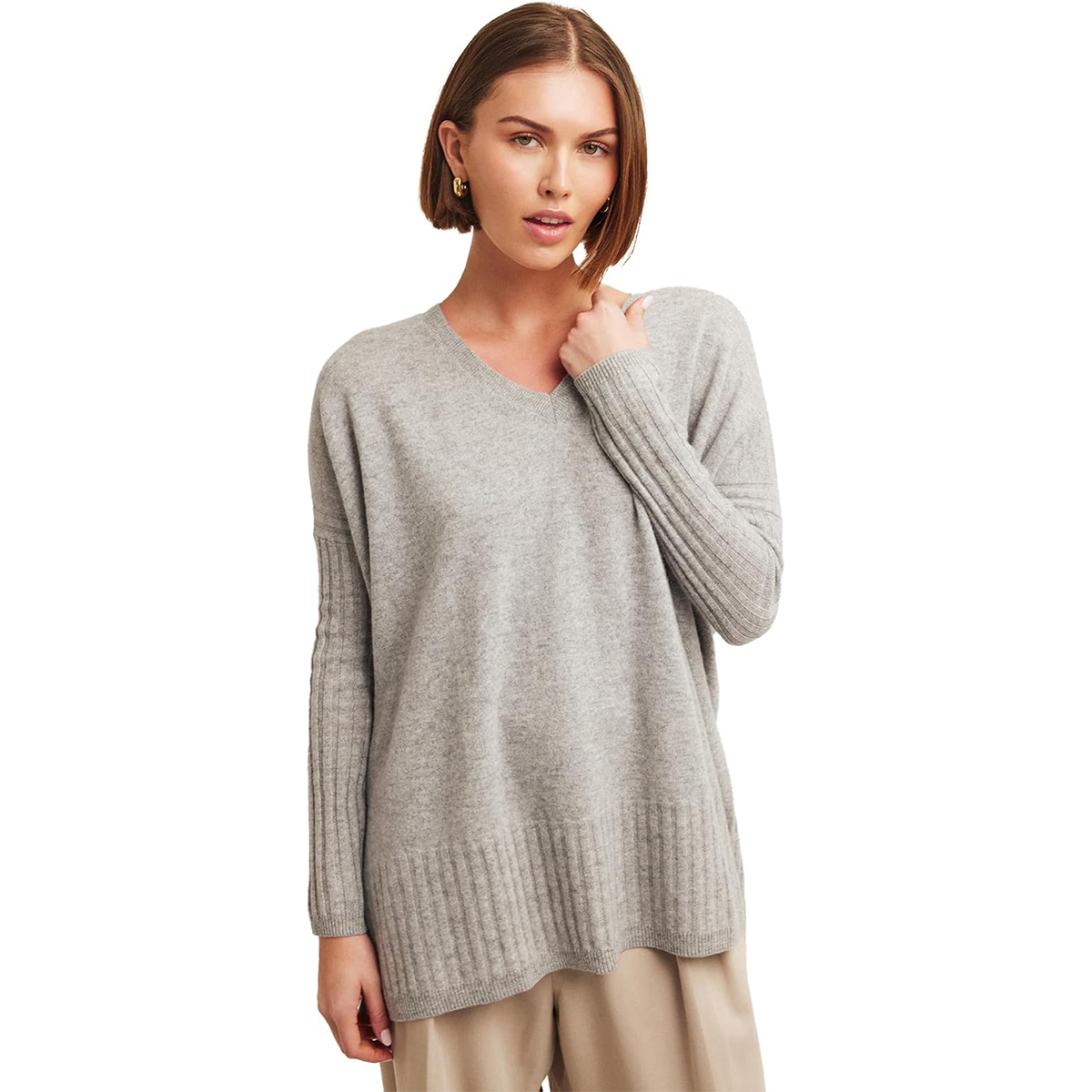 NAADAM, Naadam Soft V-Neck Boyfriend Pullover,heather Cement,xs