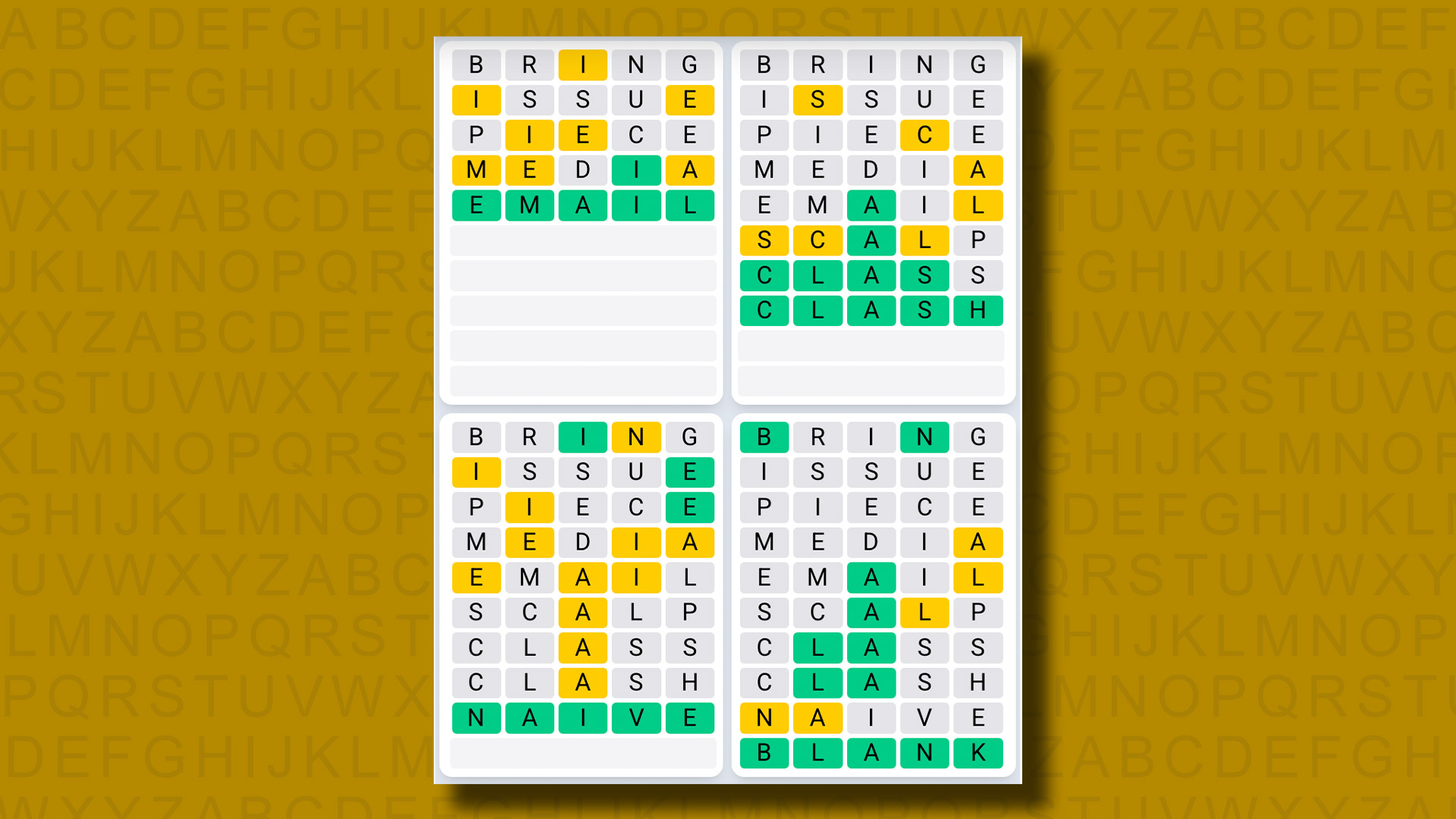 Quordle Daily Sequence Ответы для игры 1120 на желтом фоне