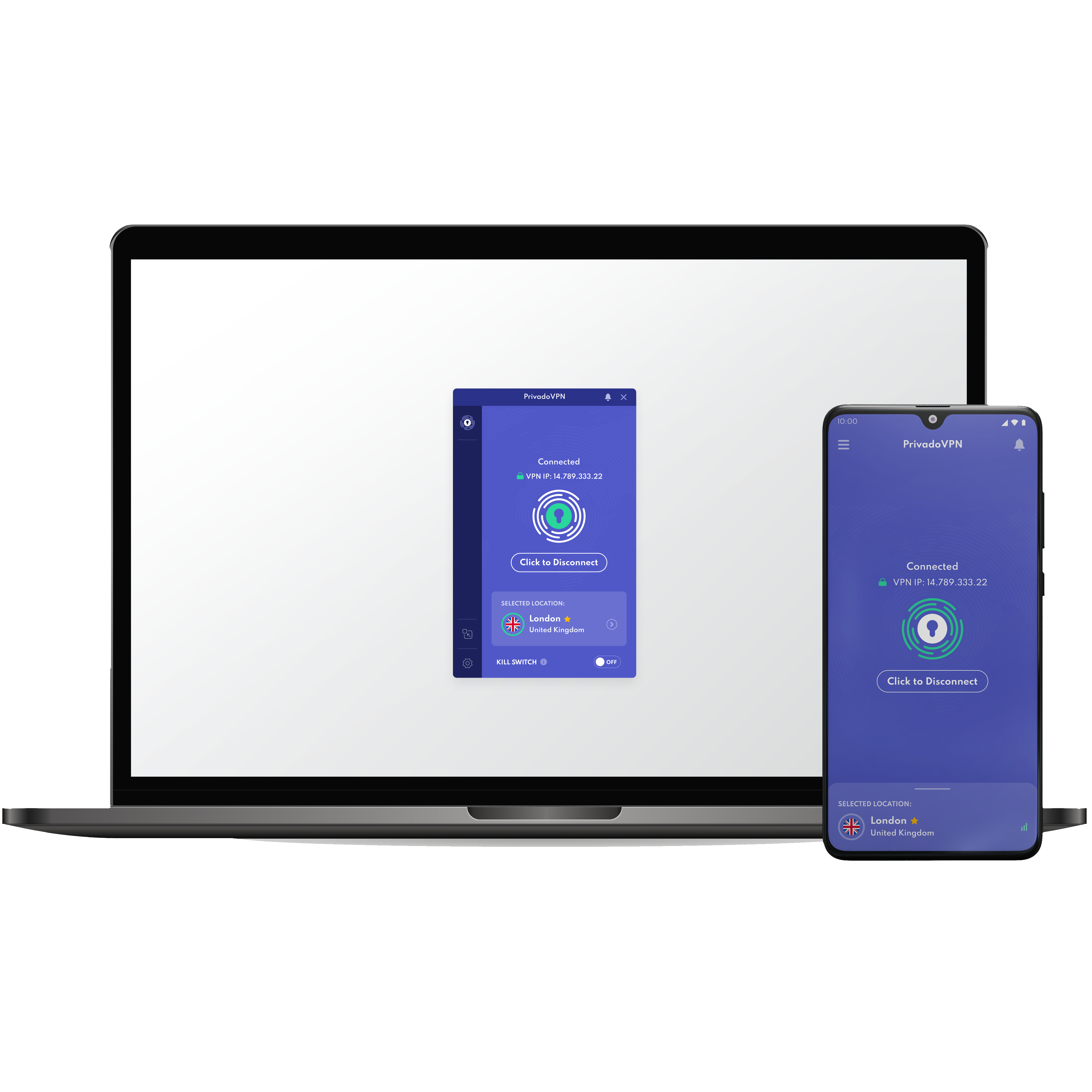 PrivadoVPN app running on Mac and Android