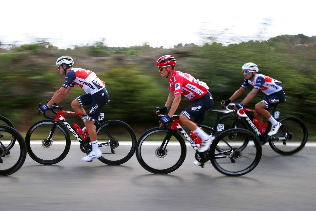 ALTO DE LA MONTAA DE CULLERA SPAIN AUGUST 19 LR Giulio Ciccone of Italy and Kenny Elissonde of France and Team Trek Segafredo Red Leader Jersey during the 76th Tour of Spain 2021 Stage 6 a 1583km stage from Requena to Alto de la Montaa de Cullera 184m lavuelta LaVuelta21 on August 19 2021 in Alto de la Montaa de Cullera Spain Photo by Gonzalo Arroyo MorenoGetty Images