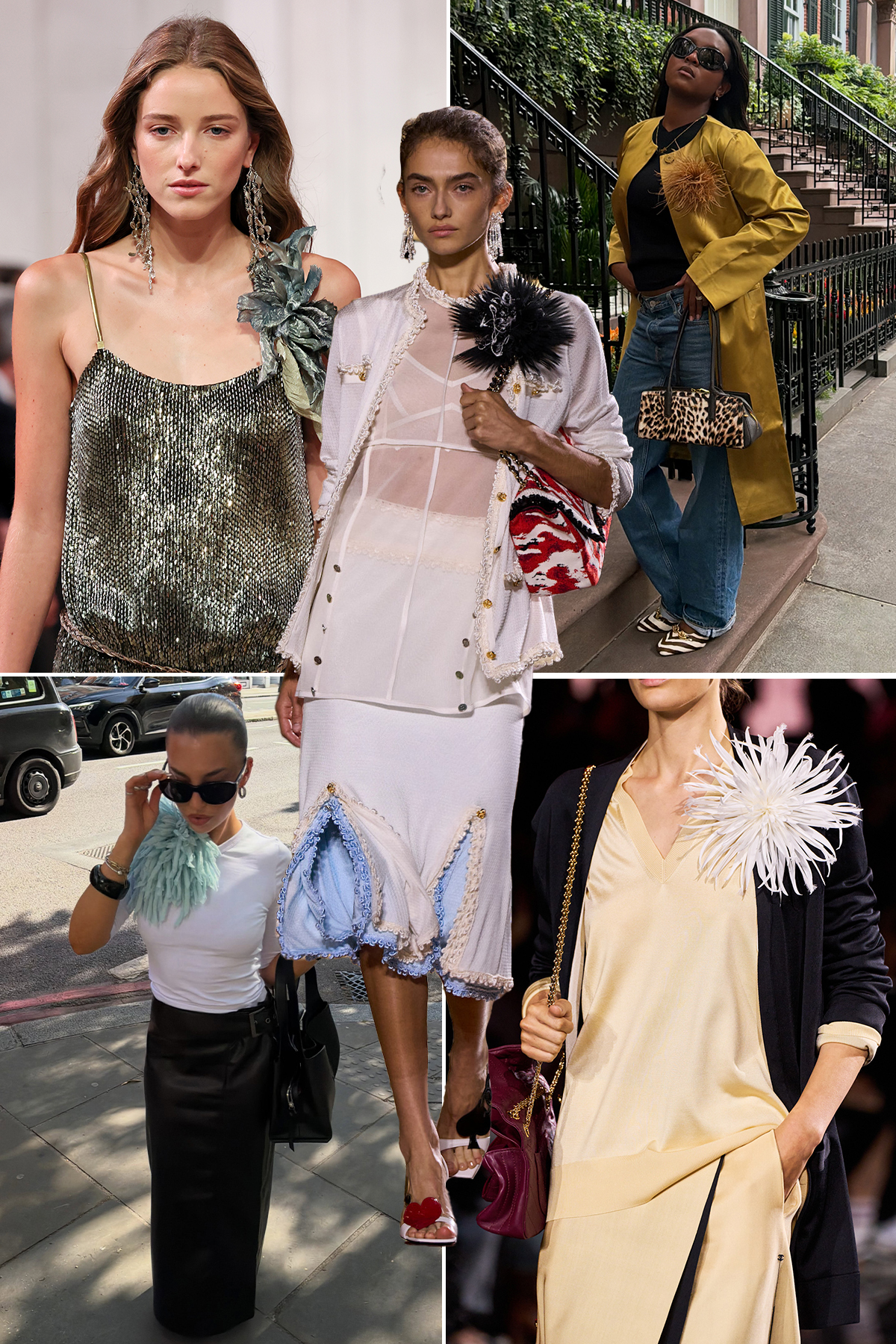 A collage of the rosette maximalist autumn 2026 fashion trend.