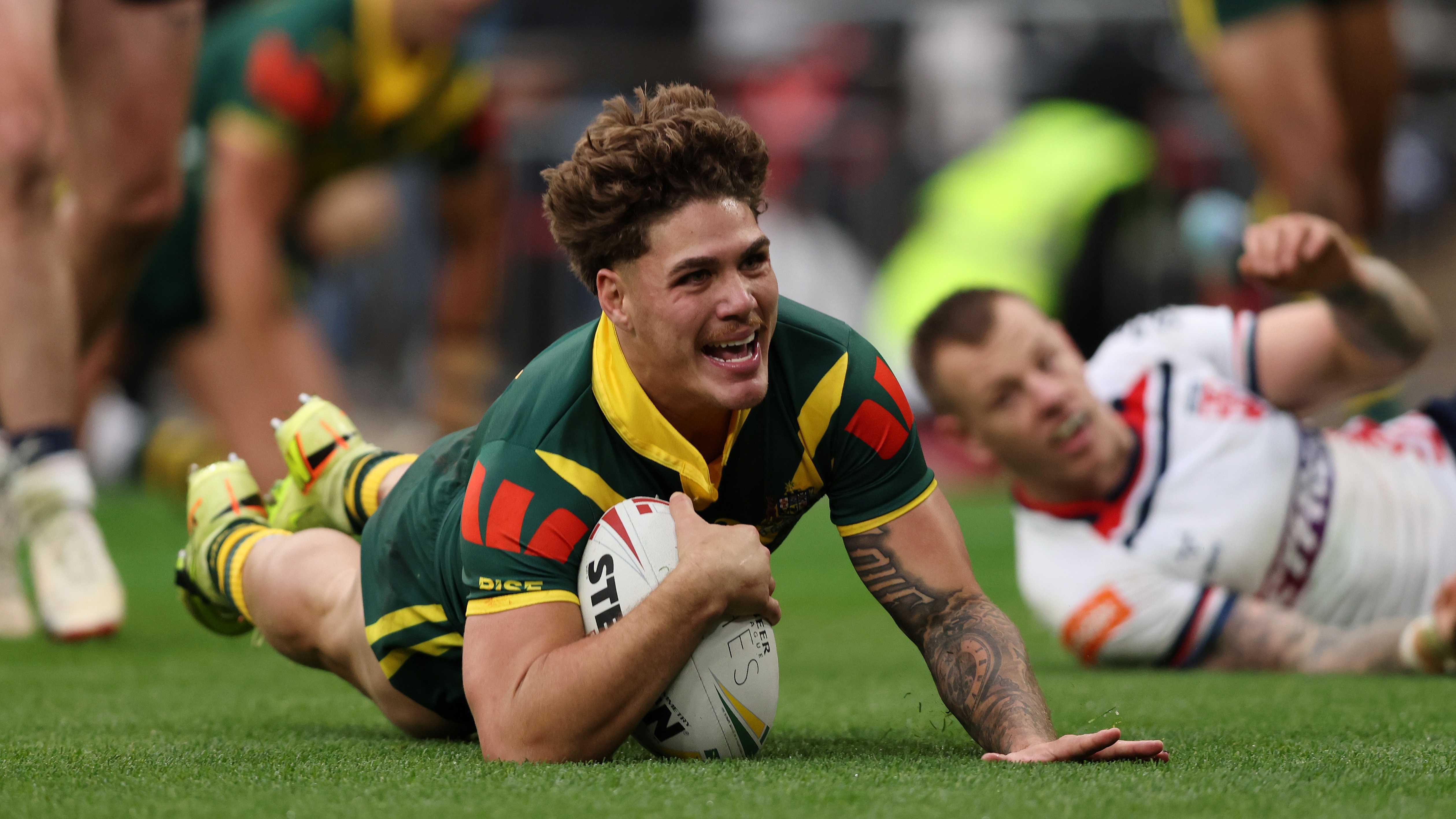 Reece Walsh of Australia scores his team&#039;s fourth try during the Rugby League Ashes match between England and Australia at Wembley Stadium on October 25, 2025 in London, England. 