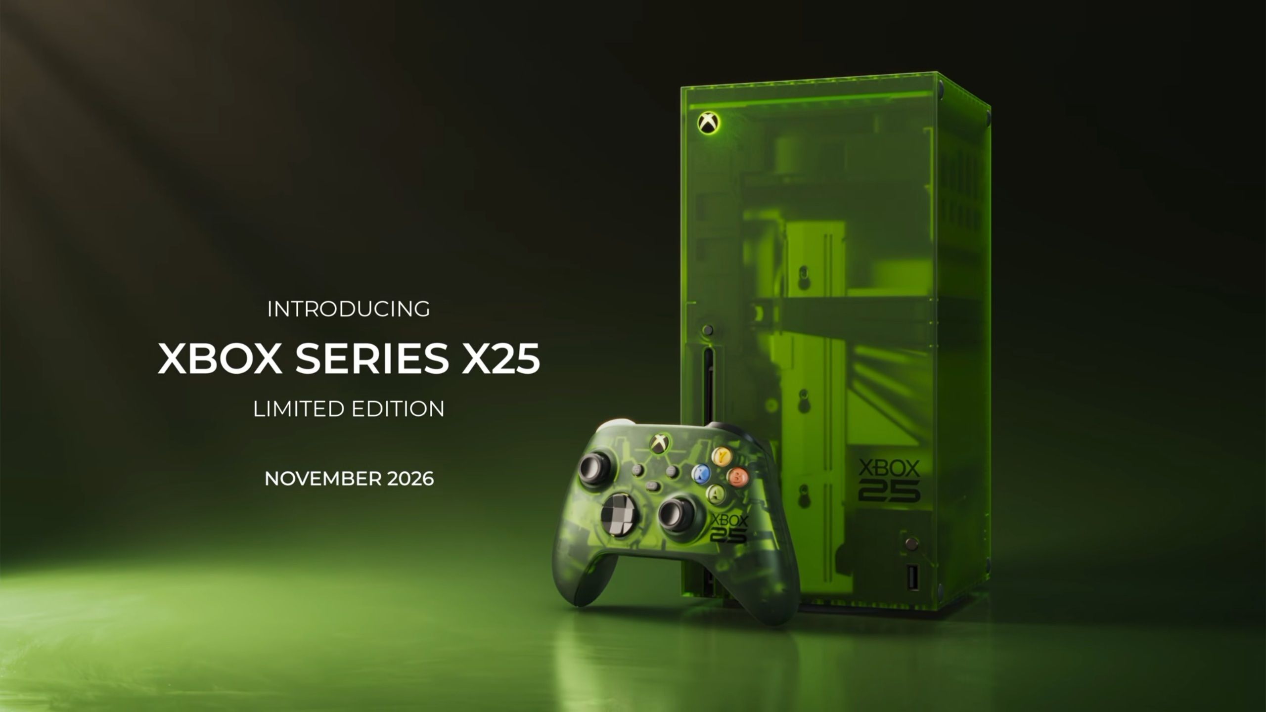 Transparent green Xbox Series X and controller, text reads "Xbox Series X25"