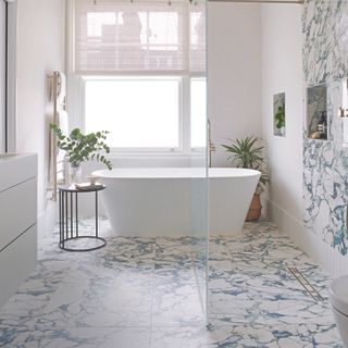 Bathroom with blue and white marble floors