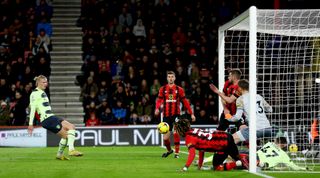 Erling Haaland of Manchester City celebrates after scoring his team's second goal during the Premier League match between AFC Bournemouth and Manchester City at the Vitality Stadium on 25 February, 2023 in Bournemouth, United Kingdom.