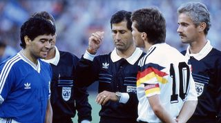 Argentina and West Germany captains Diego Maradona and Lothar Matthaus during the coin toss ahead of the 1990 World Cup final.