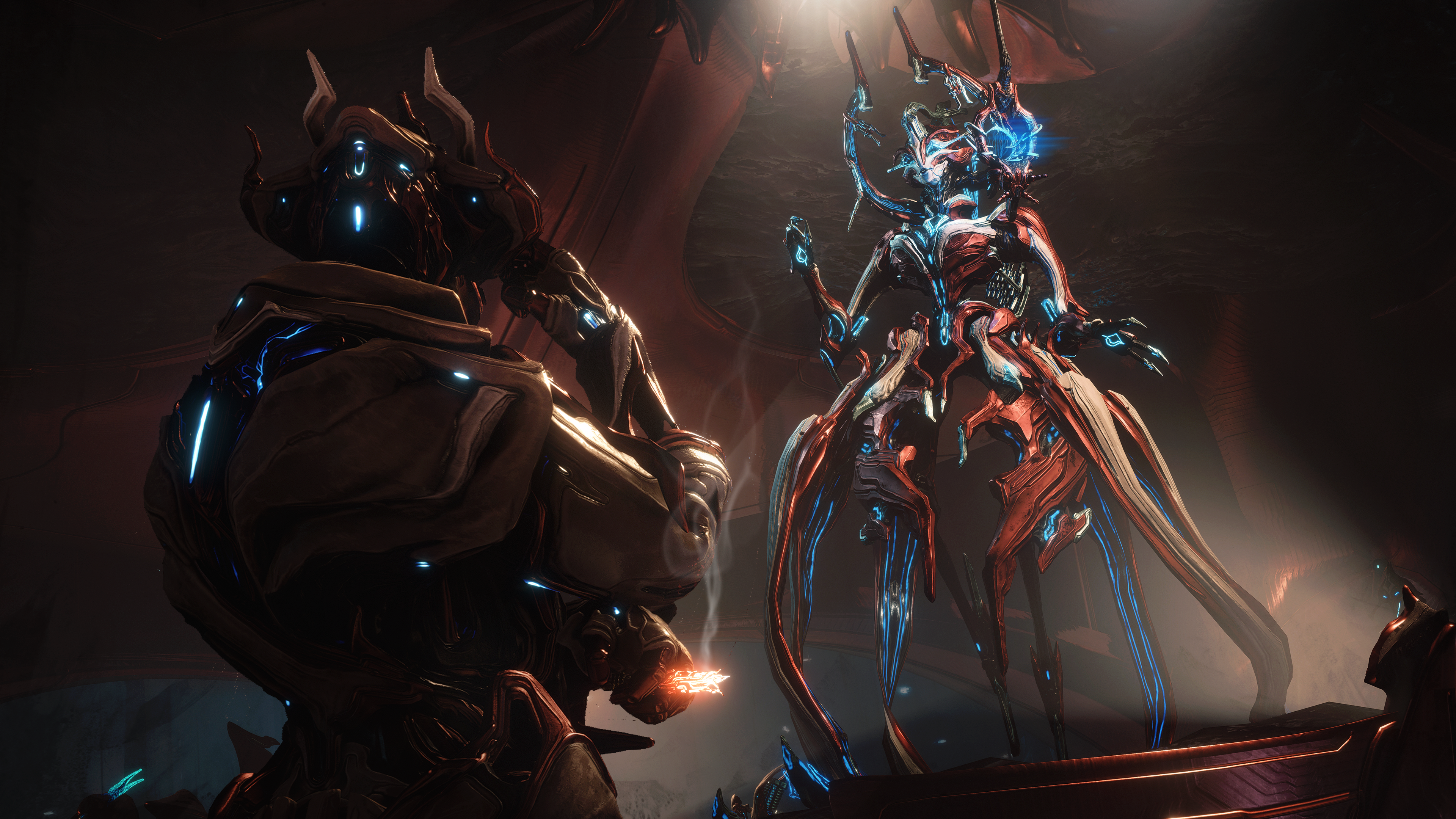 Screenshot of Warframe's Tau update, showing Brysko meeting with the Sentient singer in the Hunra's Nest.