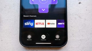 The bottom of the Roku remote app, showing the Remote, Channels and Save List buttons with Channels open