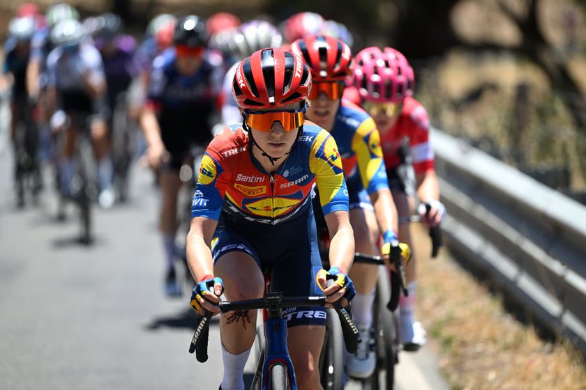 WILLUNGA HILL AUSTRALIA JANUARY 18 Niamh FisherBlack of Team Lidl Trek leads the peloton during the 9th Santos Womens Tour Down Under 2025 Stage 2 a 115km stage from Unley to Willunga Hill 370m on January 18 2025 in Willunga Hill Australia Photo by Dario BelingheriGetty Images