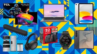 A collage of tech deals from the Best Buy Labor Day sale, including LG and TCL TVs, a Lenovo laptop, iPad, Sonos, Nintendo Switch 2, Garmin, Galaxy Z Fold 8 Ultra, appliances, and Bose headphones.