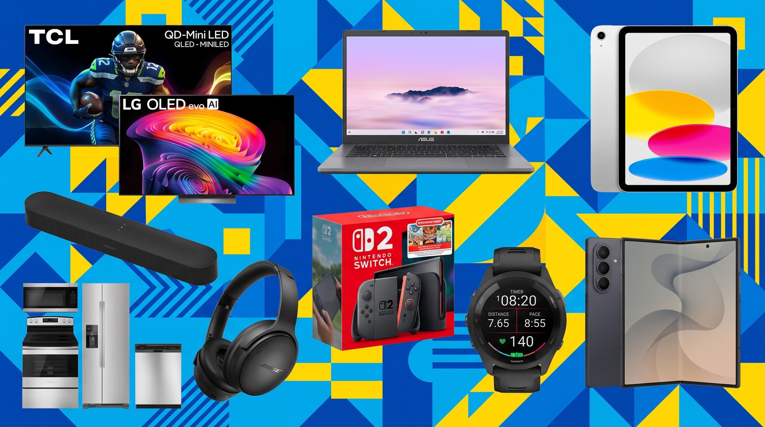 A collage of tech deals from the Best Buy Labor Day sale, including LG and TCL TVs, a Lenovo laptop, iPad, Sonos, Nintendo Switch 2, Garmin, Galaxy Z Fold 8 Ultra, appliances, and Bose headphones.