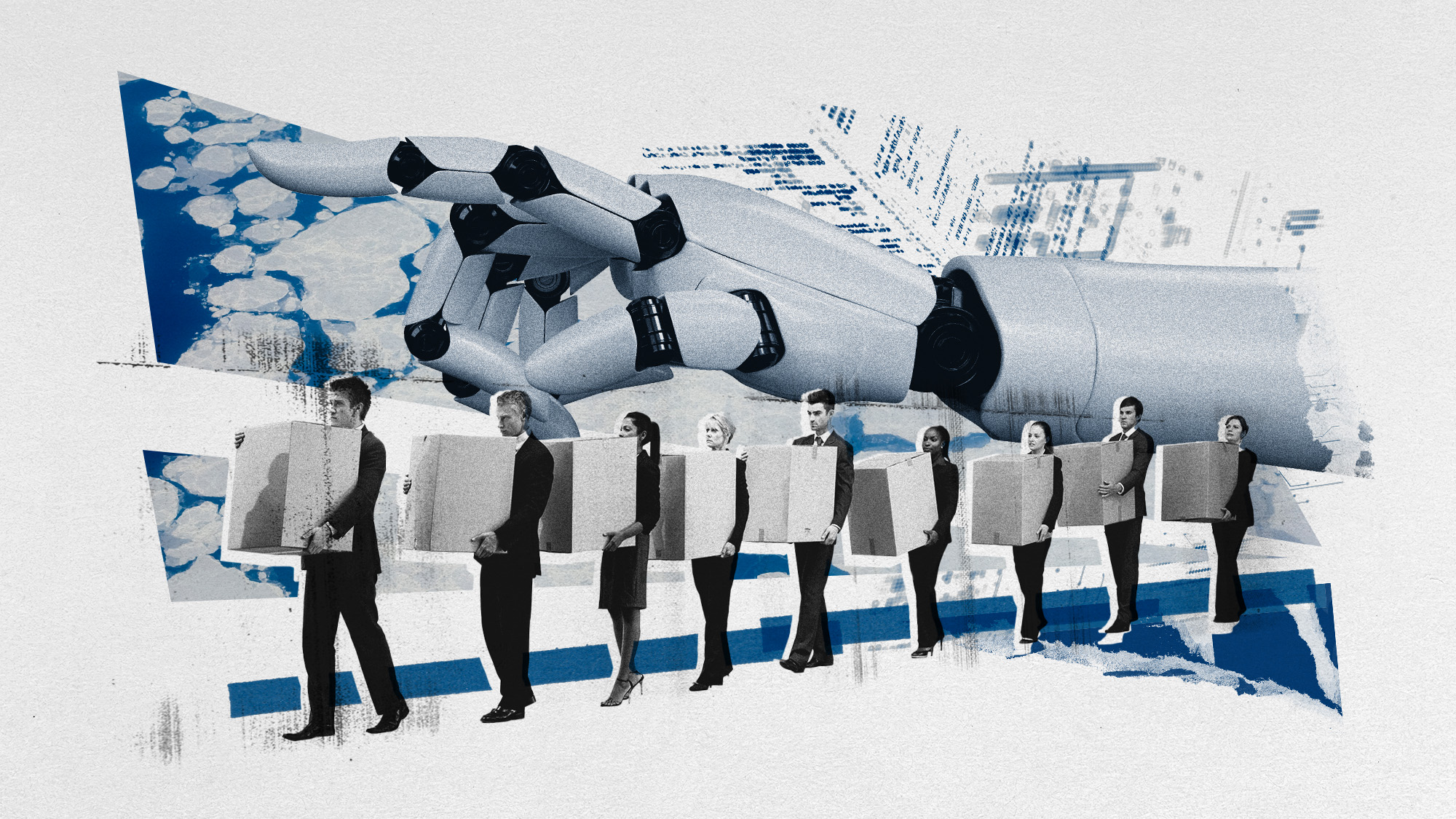 Photo collage of a row of laid off office workers being marched out with boxes containing their belongings; there is a huge robot hand behind them pointing towards the exit.