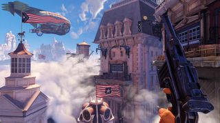 Booker brandishes a pistol in BioShock Infinite while looking out over the cloudy vista of Columbia, a floating city in the sky