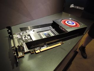 The HG10 on a PowerColor R9 290X, with Logan Hale's leg in the background.