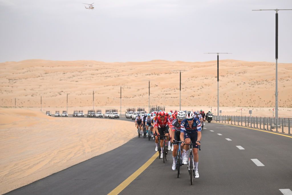 LIWA PALACE ABU DHABI UNITED ARAB EMIRATES FEBRUARY 17 Ayco Bastiaens of Belgium and Team Soudal QuickStep leads the peloton during the to the 7th UAE Tour Stage 1 a 138km stage from Madinat Zayed Shams Solar Park to Liwa Palace UCIWWT on February 17 2025 in Liwa Palace Abu Dhabi United Arab Emirates Photo by Dario BelingheriGetty Images