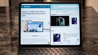 OnePlus Pad with TechRadar and Amazon open side-by-side
