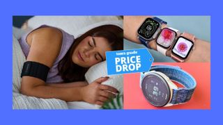 A collage of sleep trackers. Our sleep tech reviewer asleep wearing the Garmin Sleep Monitor armband in bed with white sheets (left). Three Apple Watch 11 on female's forearm (top right). Garmin Forerunner 165 with blue fabric strap on red background (bottom right).