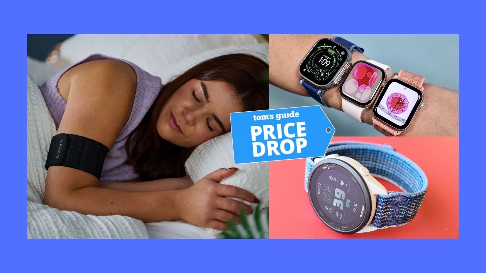 A collage of sleep trackers. Our sleep tech reviewer asleep wearing the Garmin Sleep Monitor armband in bed with white sheets (left). Three Apple Watch 11 on female's forearm (top right). Garmin Forerunner 165 with blue fabric strap on red background (bottom right). 