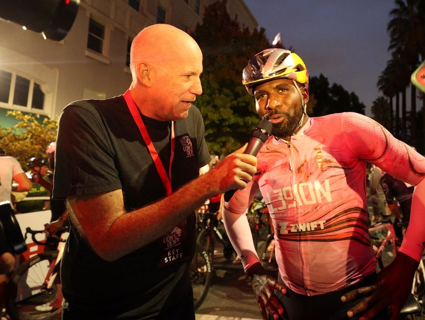 SACRAMENTO, CALIFORNIA - OCTOBER 30: Justin Williams is interviewed following his victory at the inaugural Into The Lion&#039;s Den criterium race on October 30, 2021 in Sacramento, California. Justin founded the L39ION of Los Angeles cycling team, and Cory, who finished in third place, is the team&#039;s top rider. The philosophy of the team is to advance the sport of cycling, eliminate boundaries, and promote diversity, representation, and inclusion. The team wants to grow the sport in America, and let the American masses know that you don&#039;t need to conform to be a part of the cycling community. As part of their mission, they hosted the inaugural &quot;Into The Lion&#039;s Den&quot; Race in Sacramento. A total of $100,000 was handed out in prize money, making it the largest criterium purse in US history. (Photo by Ezra Shaw/Getty Images)