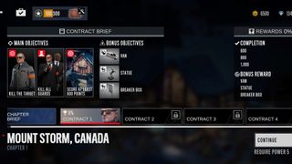 Details of an upcoming contract, including objectives, chosen Agent, and bonuses.