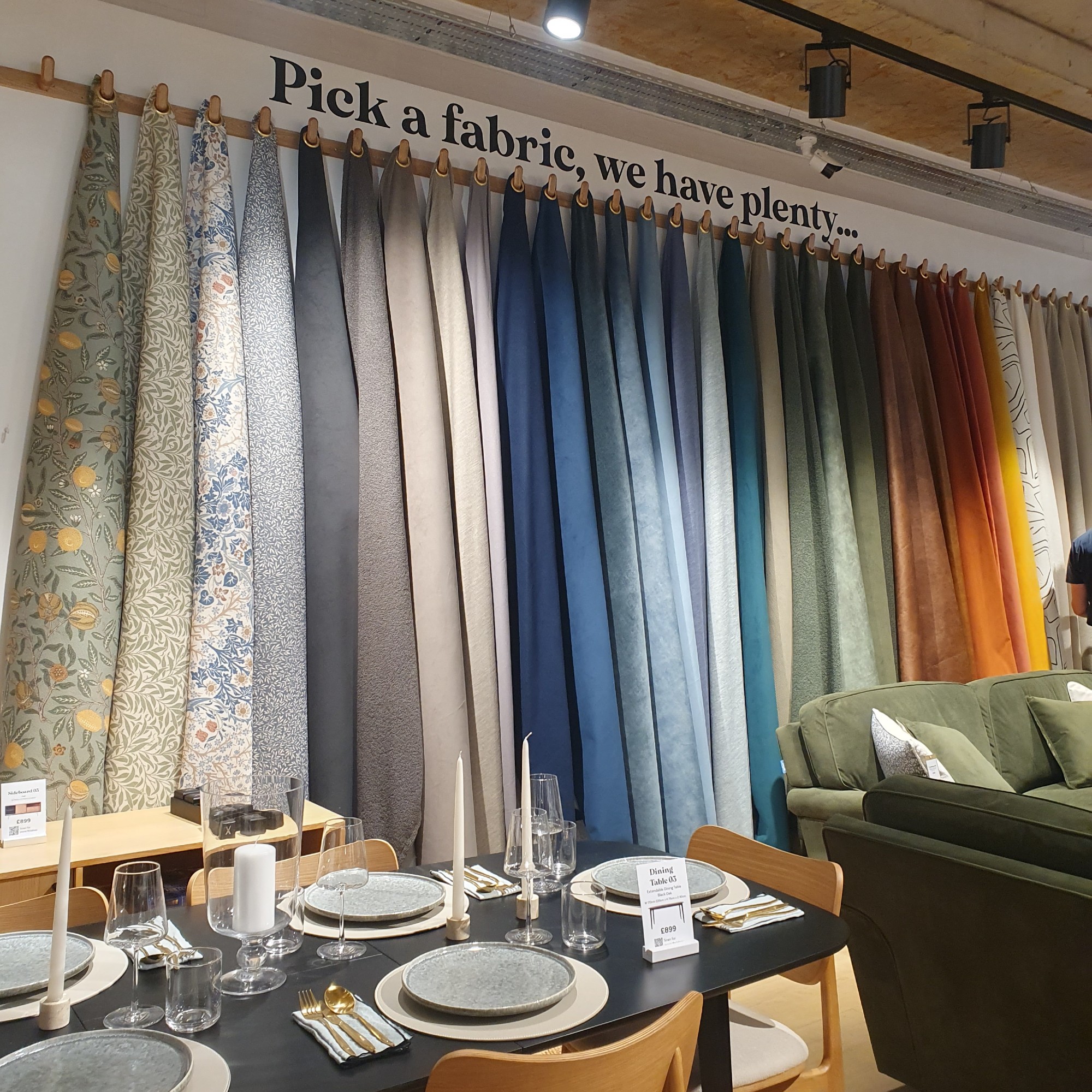 A wall of sofa fabrics at the new Swyft stand-alone store