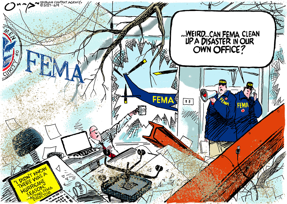 This cartoon takes place in a FEMA office that has been heavily damaged by some kind of natural disaster. A tree has fallen through the roof and a screen shows a quote from the acting FEMA director: “I didn’t know there was a hurricane season.” Two FEMA agents enter the room and one says, “Weird…can FEMA clean up a disaster in our own office?”