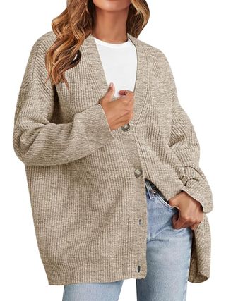 MEROKEETY, übergroßer Cardigan-Pullover mit V-Ausschnitt