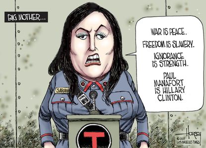 Political cartoon U.S. Sarah H Sanders Trump lies