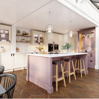 kitchen with cashmere cabinets, purple island, wooden stools and pendant lights