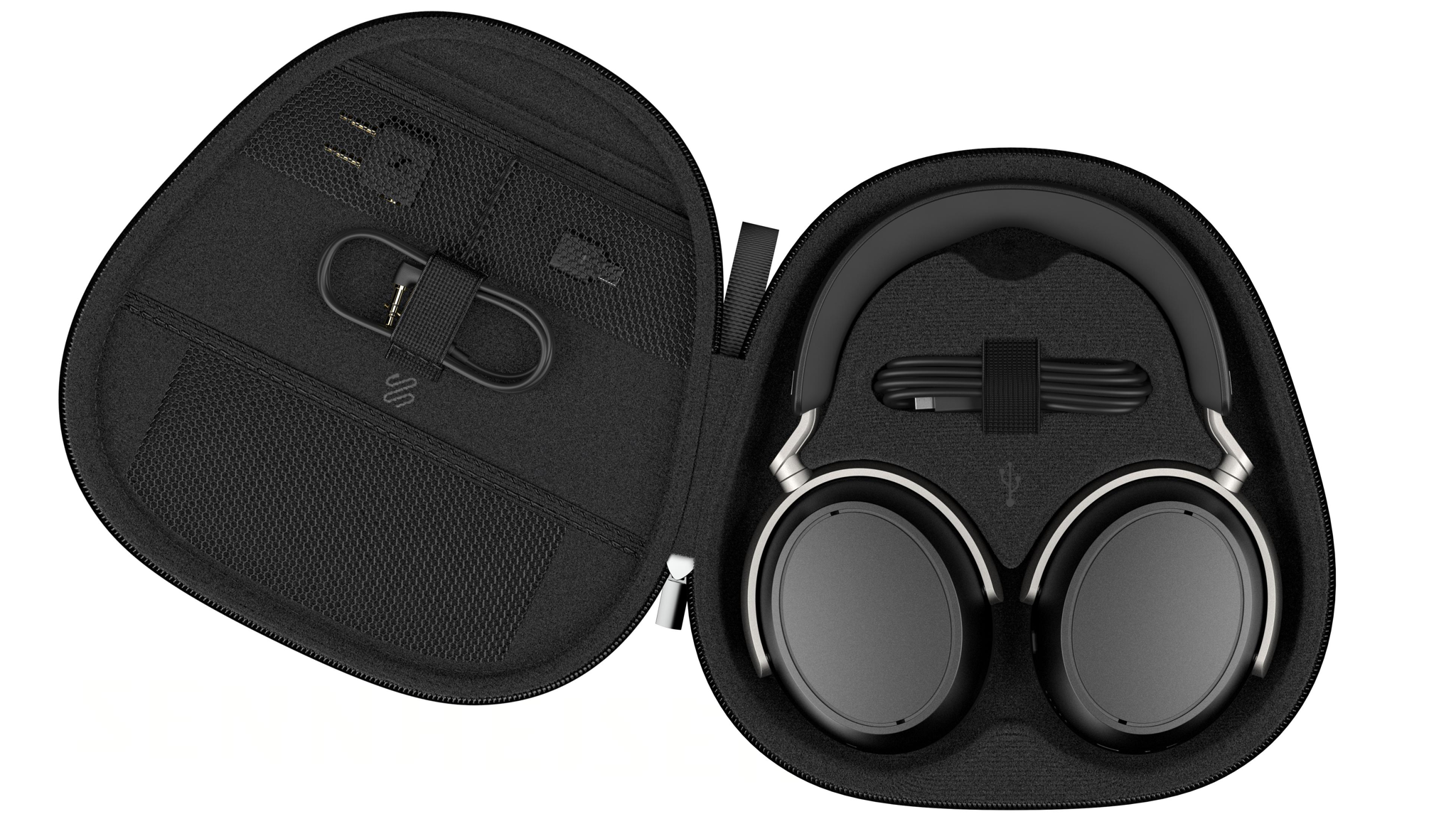 Product shot of the Sennheiser HDB 630 headphones in their carrying case on a white background