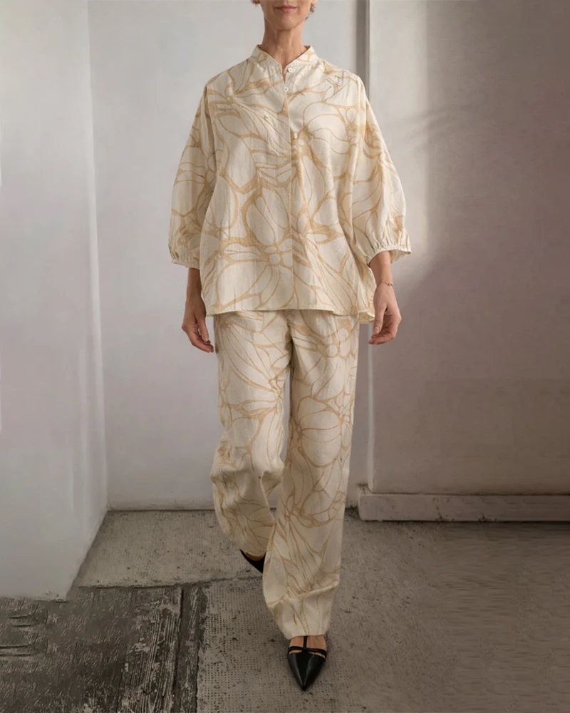 Summer Casual Print Linen Blend Blouse Pants Set