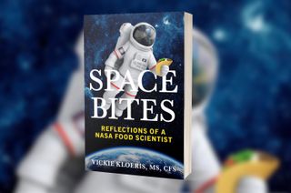 cover of a book called "space bites," which shows an astronaut in a spacesuit holding a taco with earth in the background.