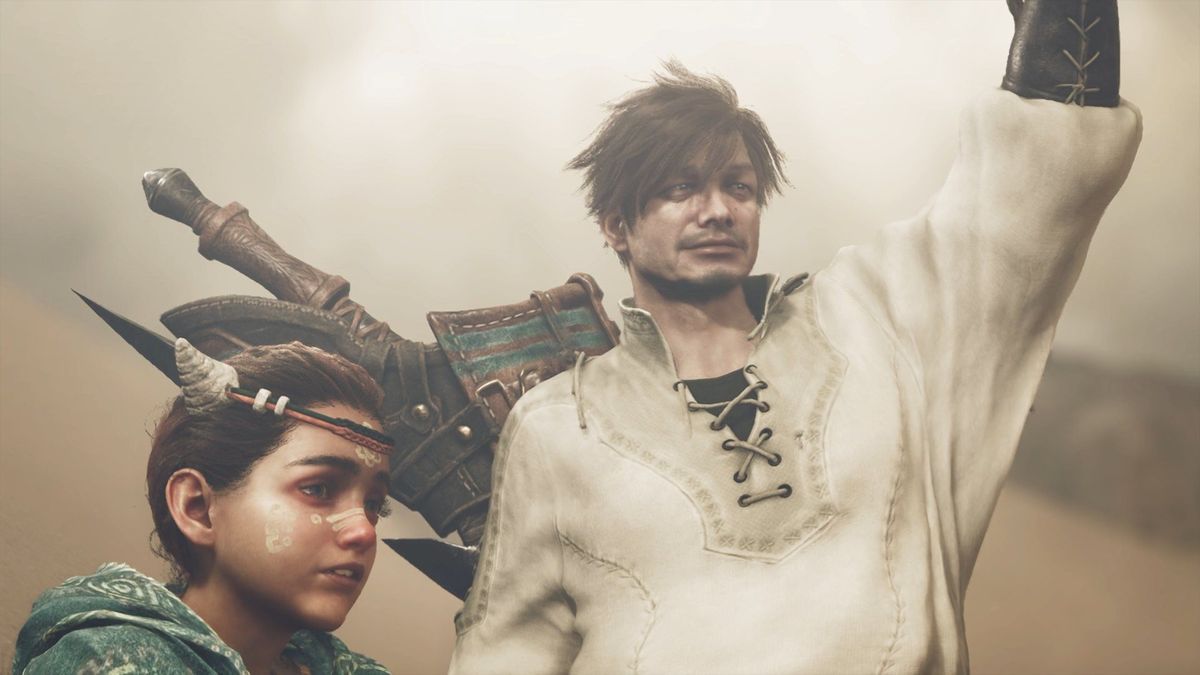 Monster Hunter Wilds screenshot showing someone&#039;s custom character modelled afdter Final Fantasy 14 producer Yoshi-P