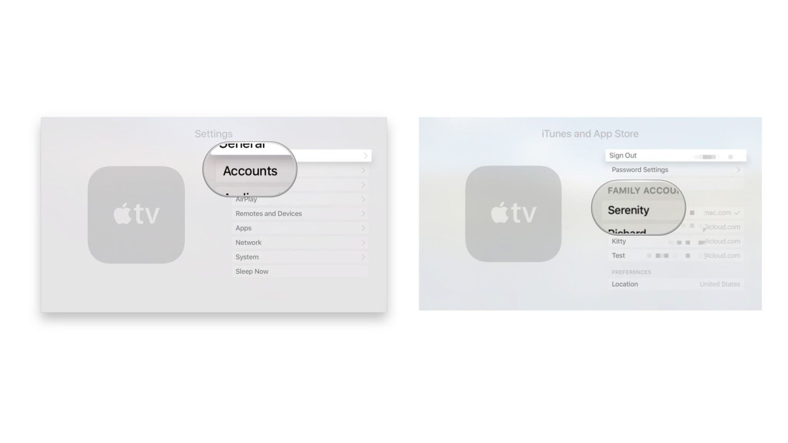 Apple TV settings screengrab to set up multiple accounts on your Apple TV