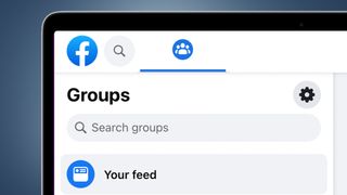 A laptop screen on a blue background showing the Facebook groups homepage