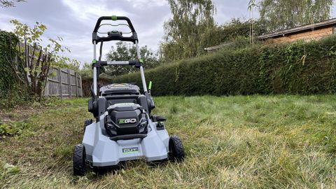 EGO Power+ LM2135SP 21-Inch Select Cut Lawn Mower pictured from the front in a yard