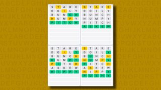 Quordle daily sequence answers for game 894 on a yellow background