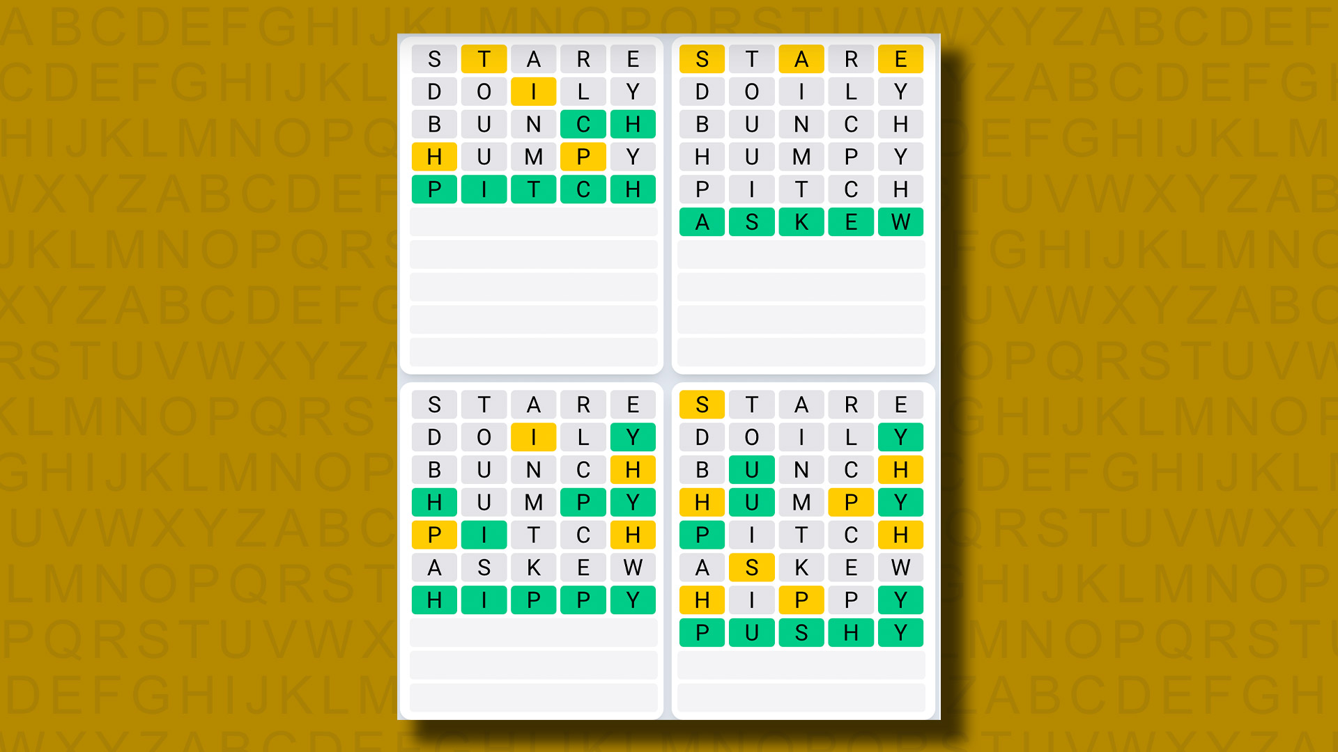 Quordle Daily Sequence Answers for Game 894 on a yellow background